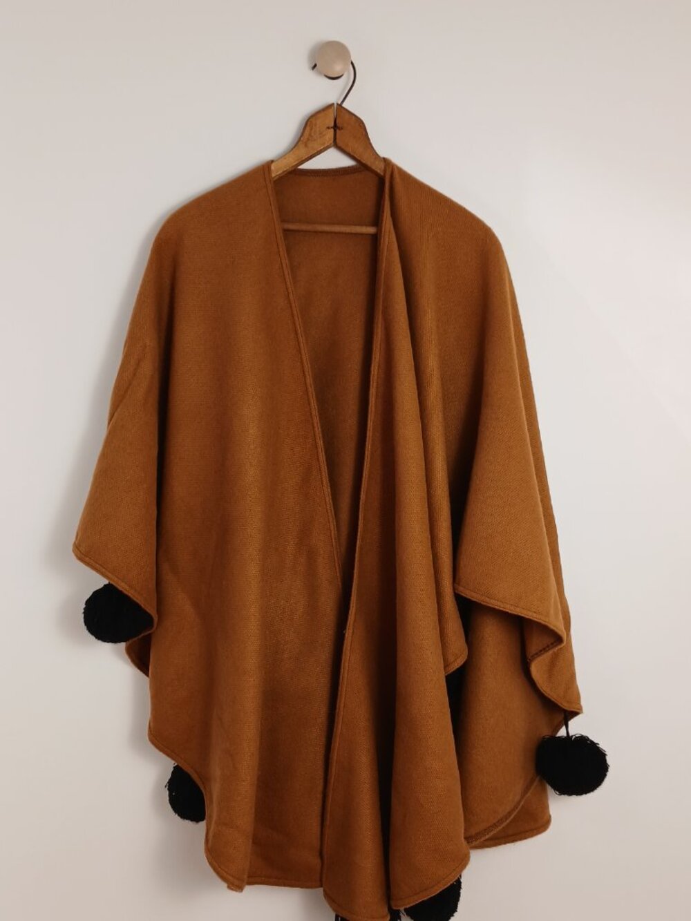 Tan women's shawl black pom-poms one size 100% acrylic made in France